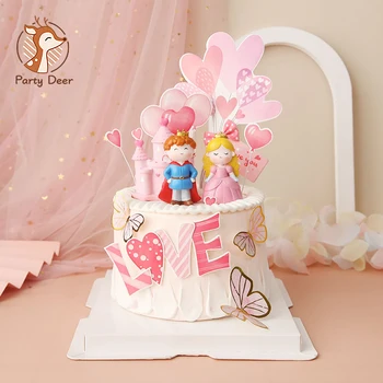 Розовый замок, бабочка, шар, мультяшная принцесса, принц, Топпер для торта с Днем рождения, украшение для выпечки на день рождения ребенка