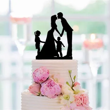 Фамильный Топпер для свадебного торта, жених и невеста с большой девочкой и маленьким мальчиком, Силуэтный Топпер для торта, аксессуар для свадебного торта