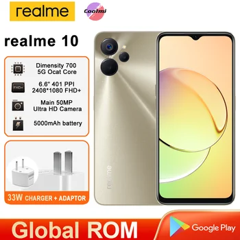 оригинальный Глобальный ROM realme 10 5G Мобильный телефон unlok 6,6 дюймов с разрешением 700 Ocat Core 50 Мп Двойная Камера 33 Вт SuperDart 5000 мАч
