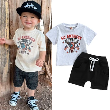 Комплекты одежды для маленьких мальчиков FOCUSNORM на День независимости от 0 до 3 лет, футболка с короткими рукавами и эластичными шортами с закатанным подолом с принтом в виде коровьей головы