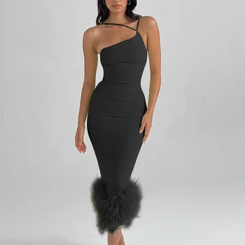 Вечерние платья на одно плечо Для женщин, Летнее Элегантное платье для вечеринки по случаю дня рождения с перьями, облегающее платье Миди с открытой спиной, черное 2023 г.