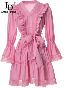 LD LINDA DELLA 2023, новое модное весеннее короткое платье для подиума, женское платье с V-образным вырезом и расклешенным рукавом, тонкое мини-розовое платье