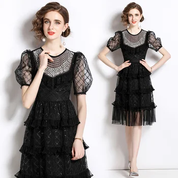 Летнее черное кружевное вечернее платье, женские платья до колен с короткими рукавами и шипами, роскошное платье 2023