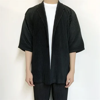 Мужская плиссированная рубашка с коротким рукавом Miyake Весна-лето 2021, японский свободный пиджак