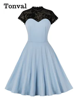 Элегантное винтажное платье-качель с контрастным кружевом Tonval, летнее вечернее платье с коротким рукавом, женская ретро-одежда трапециевидной формы, платья из полиэстера