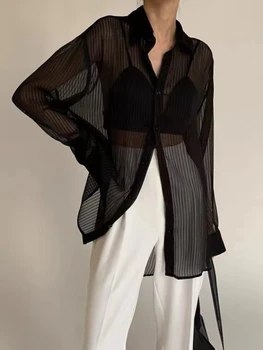 Элегантная женская рубашка в черную полоску, сексуальный шикарный Прозрачный топ, Женские повседневные Свободные рубашки с длинным рукавом, женская блузка на пуговицах большого размера