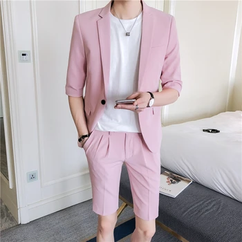 Летний мужской костюм 2022 года, облегающие брюки длиной до колена с коротким рукавом, мужской розовый белый пиджак в корейском стиле с короткими штанами