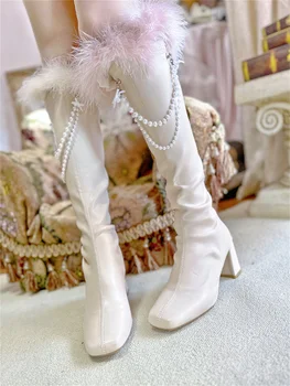 Обувь French Sweet Girl, Элегантные перья, Однотонная цепочка с жемчугом, Благородные удобные Модные ботинки на квадратной молнии и высоком каблуке 6,5 см