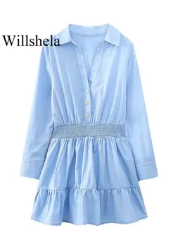Willshela, женское модное синее Однобортное мини-платье с эластичной резинкой на талии, Винтажное платье с отворотом и длинными рукавами, женские шикарные Женские платья