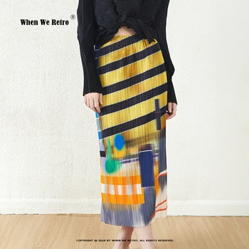 Плиссированные юбки Miyake в желто-черную полоску с цветочным принтом, прямые длинные юбки Миди, новый дизайн, винтаж, высокое качество, OL Jupe VP0019