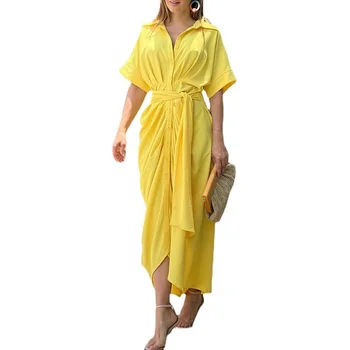 Элегантные платья WSFEC S-2XL для женщин, летняя одежда 2023, Однотонный Короткий рукав, Нерегулярная повязка, Модное повседневное Длинное платье
