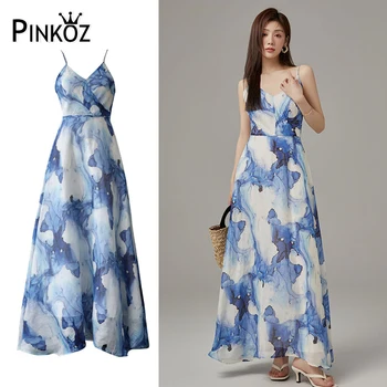 Pinkoz/ летнее новое синее платье с v-образным вырезом и открытой спиной, модное макси-платье для женщин, праздничная одежда на шнуровке, трапециевидное vestidos z