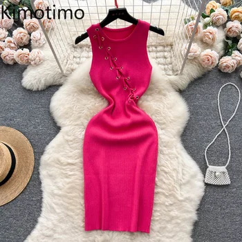 Kimotimo 2023 Летнее вязаное платье без рукавов, женские сексуальные облегающие платья Миди с полой повязкой, вечерние платья американского темперамента, Vestidos