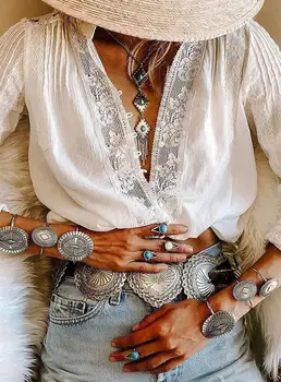 AYUALIN, белые блузки с цветочным кружевом и V-образным вырезом, Хлопчатобумажная рубашка, Повседневная осенняя блузка, высококачественная женская одежда в стиле бохо, блузки