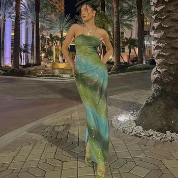 Летняя новинка в Европейском и американском стиле, сексуальное тонкое блестящее платье-слинг с градиентом на шее, женское клубное вечернее платье Vestidos
