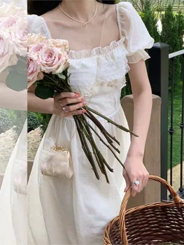 Французское платье с квадратным вырезом, женская летняя длинная юбка 2022, Нежное белое платье, модное повседневное элегантное платье