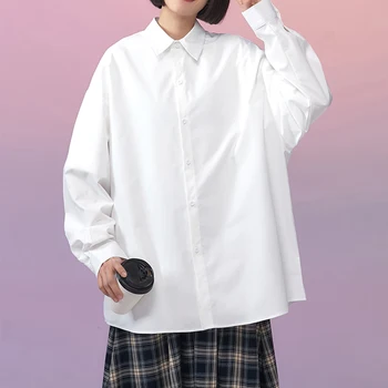 РАЗБОРЧИВАЯ женская рубашка с длинным рукавом 2023, белая, с отложным воротником, базовая повседневная подростковая рубашка оверсайз, Женская свободная блузка