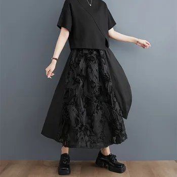 Японские летние юбки Ямамото в темном стиле, черные, шикарные женские Летние юбки в стиле пэчворк с цветочным принтом, Рабочие юбки для офисных леди, Модные женские юбки