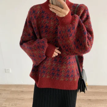 2023 Женский вязаный свитер с полувысоким воротником, зимний винтажный клетчатый пуловер, повседневный теплый свитер с длинным рукавом, свободный женский свитер
