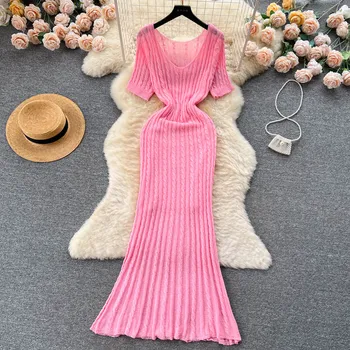 Трикотажные Полые комплекты-двойки, сексуальные повседневные платья с коротким рукавом и Базовое платье-комбинация, женские летние комплекты для пляжного отдыха в Корейском стиле