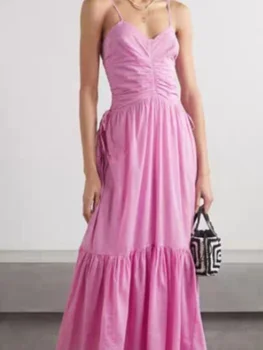 Женское однотонное плиссированное платье Миди с V-образным вырезом, без рукавов, на молнии, 100% Хлопок, праздничное платье 2023 года.