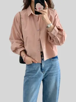 Модная укороченная рубашка с длинным рукавом, блузка Для женщин 2023, Весна-лето, Шикарный Свободный Уличный топ из 100% хлопка, розовый