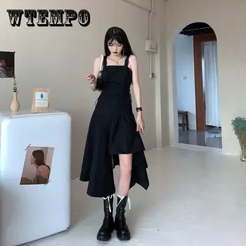 WTEMPO Сексуальное платье-слинг без рукавов, черное нерегулярное платье, женские длинные платья с разрезом в стиле ретро, Корейская мода 2023 года, весна-лето