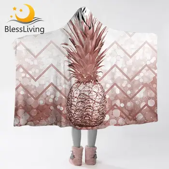 Одеяло с капюшоном BlessLiving Pineapple Геометрическая волна Шерп Флисовое покрывало с блестками Тропические фрукты 3D Носимое одеяло