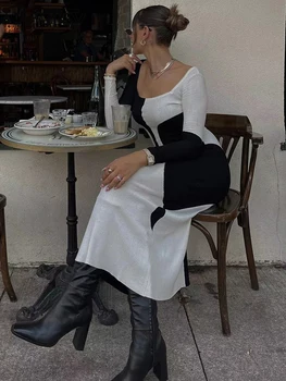 Милое женское Черно-белое Макси-платье с круглым вырезом, вязаный халат с длинными рукавами, Тонкая простая осенняя уличная одежда Outifit