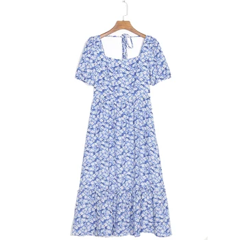 ZA 2020, новое женское сине-белое платье с цветочным принтом, квадратный воротник, женское длинное платье с коротким рукавом, тонкая талия, шикарное вечернее платье mujer