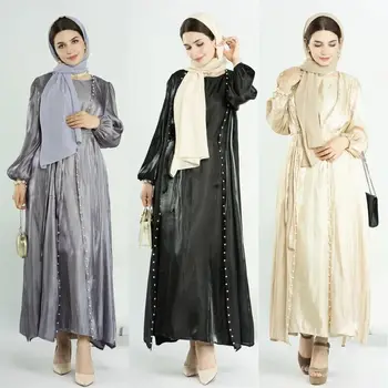 Модное атласное платье без рукавов и кардиган Abaya, комплекты из 2 предметов, Элегантный Дубайский женский праздничный свободный халат, костюм-кафтан