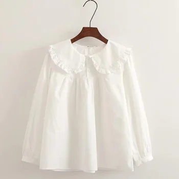 Белая рубашка с воротником в стиле Каваи, блузки в стиле Питера Пэна, женские топы с длинными рукавами и милыми оборками, модная одежда в стиле Лолиты 2023 года