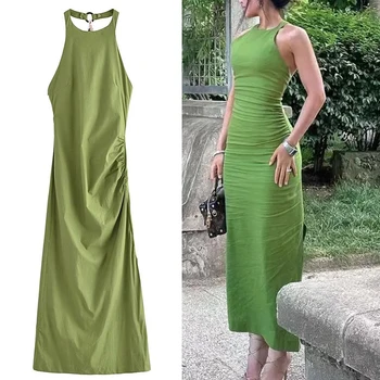 Зеленое платье на бретелях, женское облегающее платье миди с рюшами, женские сексуальные вечерние платья с открытой спиной для женщин 2023, Летнее Женское длинное платье, новинка