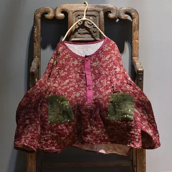 Женская рубашка с цветочным принтом и карманами с круглым вырезом 2020 Весна Осень Новая Хлопковая льняная модная женская блузка большого размера с длинным рукавом
