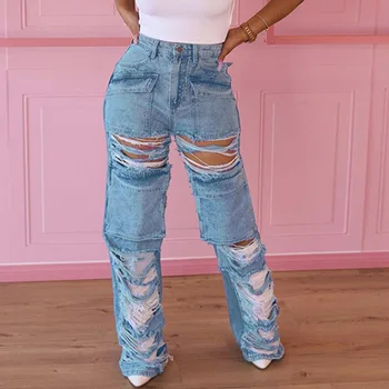 Уличная одежда с высокой талией, женские брюки-карго синего цвета, прямые брюки оверсайз, женские широкие мешковатые джинсы Y2K