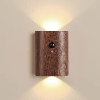Светодиодный Индукционный ночник с датчиком движения, Деревянный Беспроводной USB-аккумуляторный настенный светильник для спальни, кухни, коридора, лестницы, освещения