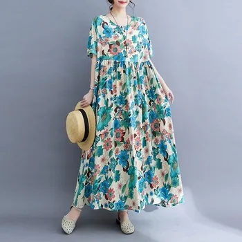 Женское летнее платье Johnature с круглым вырезом и коротким рукавом, свободные халаты, винтажная женская одежда 2023, новое платье с цветочным принтом синего цвета ZZ9231