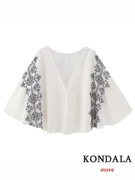 KONDALA Повседневная Белая женская блузка с вышивкой, свободная блузка с V-образным вырезом, Новая мода 2023, Летние Элегантные женские топы с рукавами Hlaf