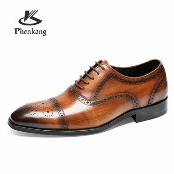 Phenkang/ Мужские оксфорды из натуральной кожи с резьбой; Свадебные деловые повседневные туфли на плоской подошве; Элитный бренд для мужчин; Элегантная обувь;