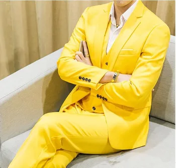 Новейший дизайн свадебного мужского платья на заказ желтого цвета 2020, модное мужское платье жениха, приталенный костюм, комплект из 3 предметов, куртка + брюки + жилет + галстук-бабочка