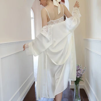 Женский сексуальный пижамный комплект, нежная легкая ночная рубашка принцессы на подтяжках роскошной строчки, атласный халат, пижамы, домашняя одежда, 2 шт.