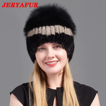 Шапка из натурального лисьего меха JERYAFUR, норковая шапка, зимняя женская натуральная вертикальная высококачественная модная шапка из чернобурки