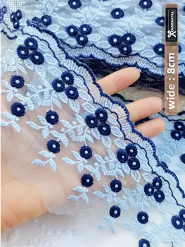 Тюль шириной 8 см с синей цветочной вышивкой, сетчатая кружевная ткань для отделки бахромой, Банты с аппликацией для свадебного платья, швейные аксессуары