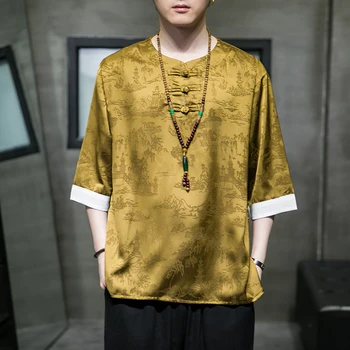 Весенне-летняя Новая мужская жаккардовая рубашка из Ледяного шелка в китайском стиле, Элегантная футболка с короткими рукавами, Танская одежда Hanfu, Однотонный Топ-Кимоно