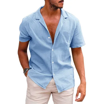Летние Повседневные рубашки из хлопка и льна с коротким рукавом Для мужчин, Однотонная Мужская блузка с отложным воротником, Дышащая Рубашка в пляжном стиле для мужчин