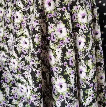 Весенне-летние новинки, шифоновая ткань с черным низом, фиолетово-белый цветок, непрозрачная клетчатая ткань в японскую и корейскую клетку, ткань-рубашка