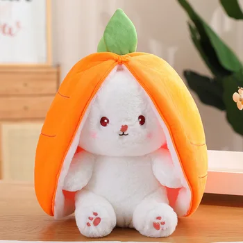 плюшевые игрушки Kawaii Carrot Rabbit 18 см, мягкий мультяшный кролик, Прячущийся в сумке с клубникой, Плюшевая кукла, подарок на день рождения для детей