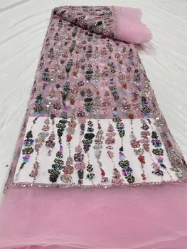 Модная Кружевная ткань с вышивкой Французским бисером 2023 Высококачественная Кружевная ткань с пайетками в Африканском Нигерийском стиле для свадебного платья KRC23113