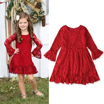 Рождественские Красные кружевные платья с цветочным рисунком для девочек, костюм для маленьких детей, милое модное платье с длинными рукавами, Рождественский новогодний подарочный наряд