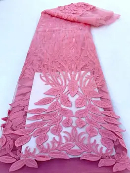 Розовая африканская кружевная ткань 2023 Высококачественное кружево из молочного шелка, Французское Нигерийское сетчатое кружево, тюлевая сетчатая ткань, 5 ярдов, свадебное шитье